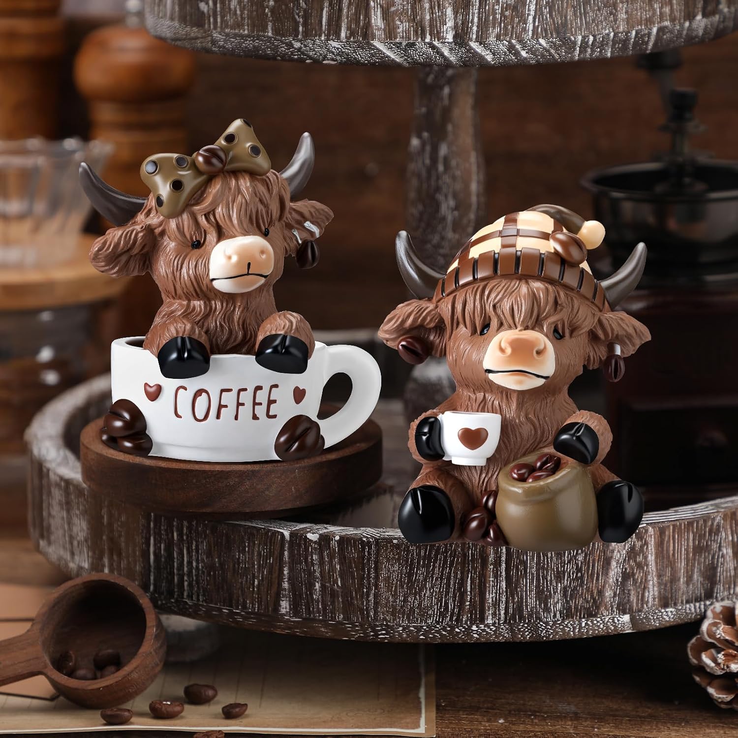 Rowanmere 2 Pcs Highland Cow Figurines, Coffee Resin Statue Desk Decor, 14.24 ounces