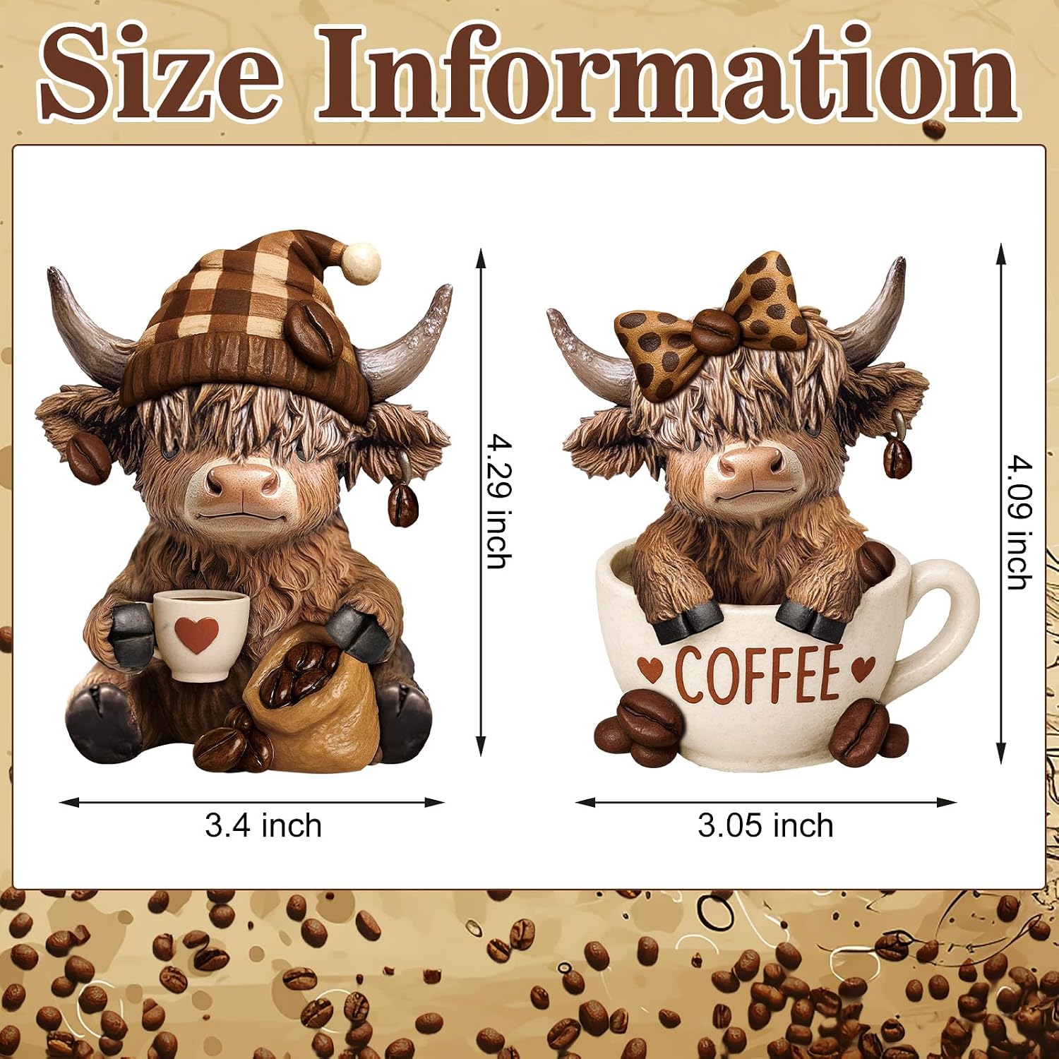 Rowanmere 2 Pcs Highland Cow Figurines, Coffee Resin Statue Desk Decor, 14.24 ounces