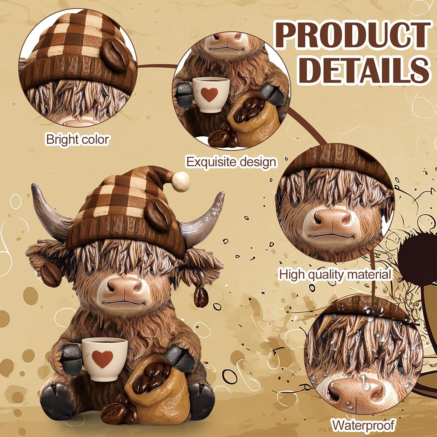 Rowanmere 2 Pcs Highland Cow Figurines, Coffee Resin Statue Desk Decor, 14.24 ounces