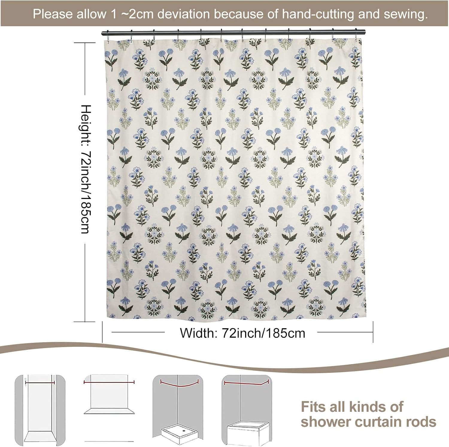 Aldernest Abstract Vintage Floral Linen Shower Curtain - Neutral Traditional Floral Block Print Pattern in Blue and Green,Botanical Boho Shower