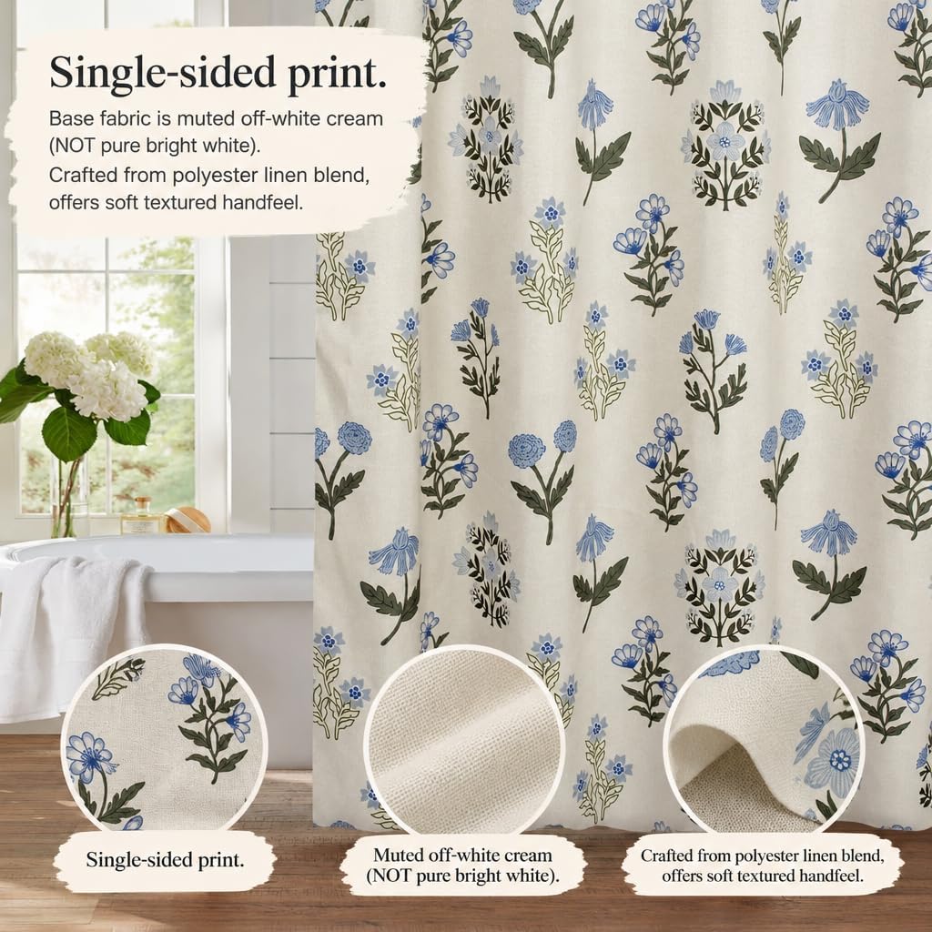 Aldernest Abstract Vintage Floral Linen Shower Curtain - Neutral Traditional Floral Block Print Pattern in Blue and Green,Botanical Boho Shower
