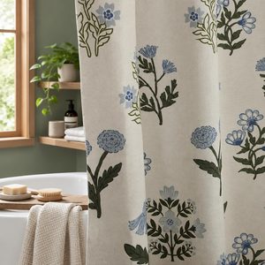 Aldernest Abstract Vintage Floral Linen Shower Curtain - Neutral Traditional Floral Block Print Pattern in Blue and Green,Botanical Boho Shower