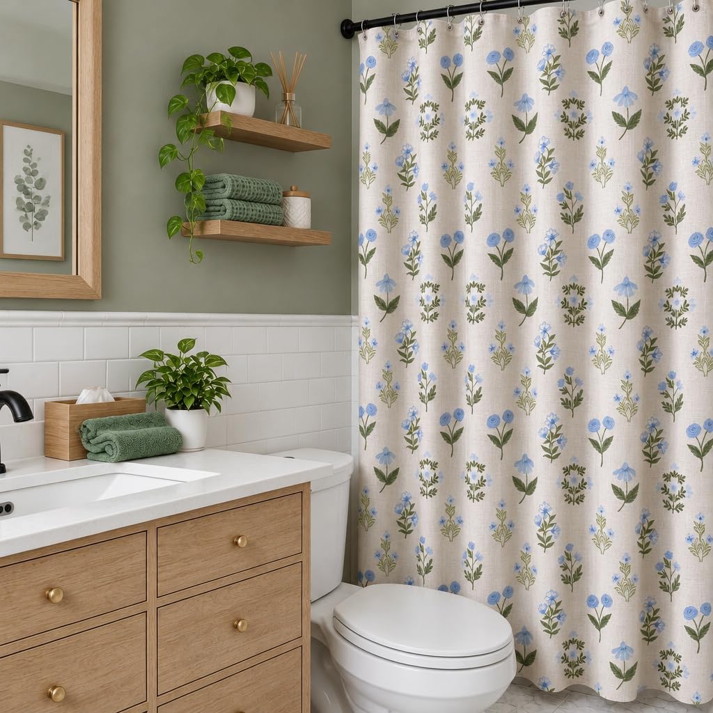 Aldernest Abstract Vintage Floral Linen Shower Curtain - Neutral Traditional Floral Block Print Pattern in Blue and Green,Botanical Boho Shower