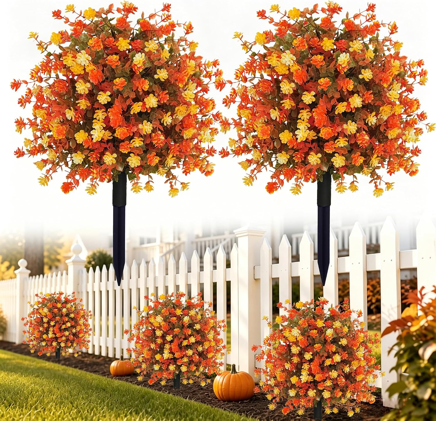 Barleyfield 2 Pack 24 Inch Artificial Mums Topiary Balls for Outdoors, 13.61 g, Orange