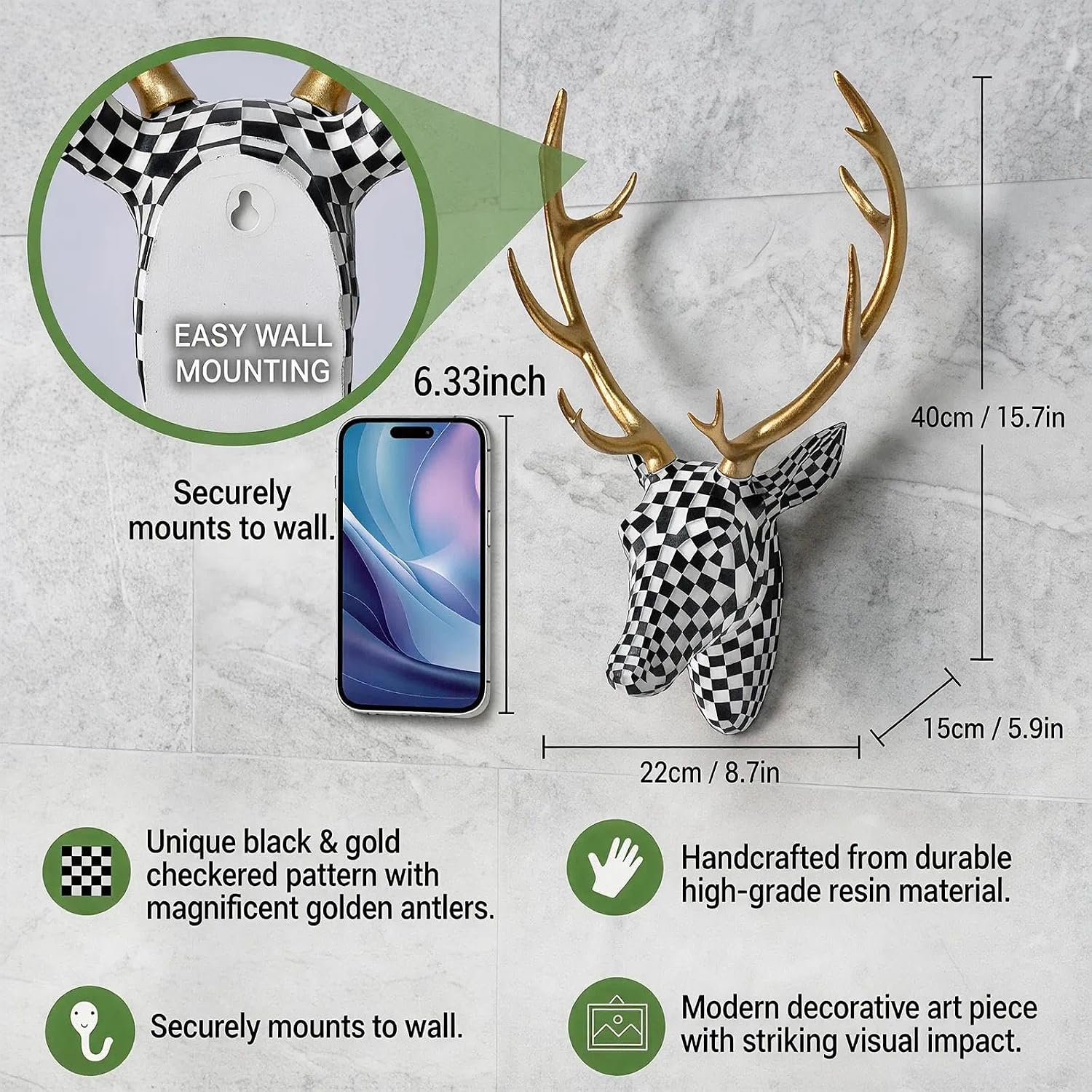 NestlyCo Mosaic Deer Head Wall Decor 15.7x8.7 Inch, 0.8 kg, Deer-Black White