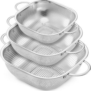 Barleyfield Stainless Steel Colander Set of 3, Square Strainers and Colanders, 1.07 kg, Silver