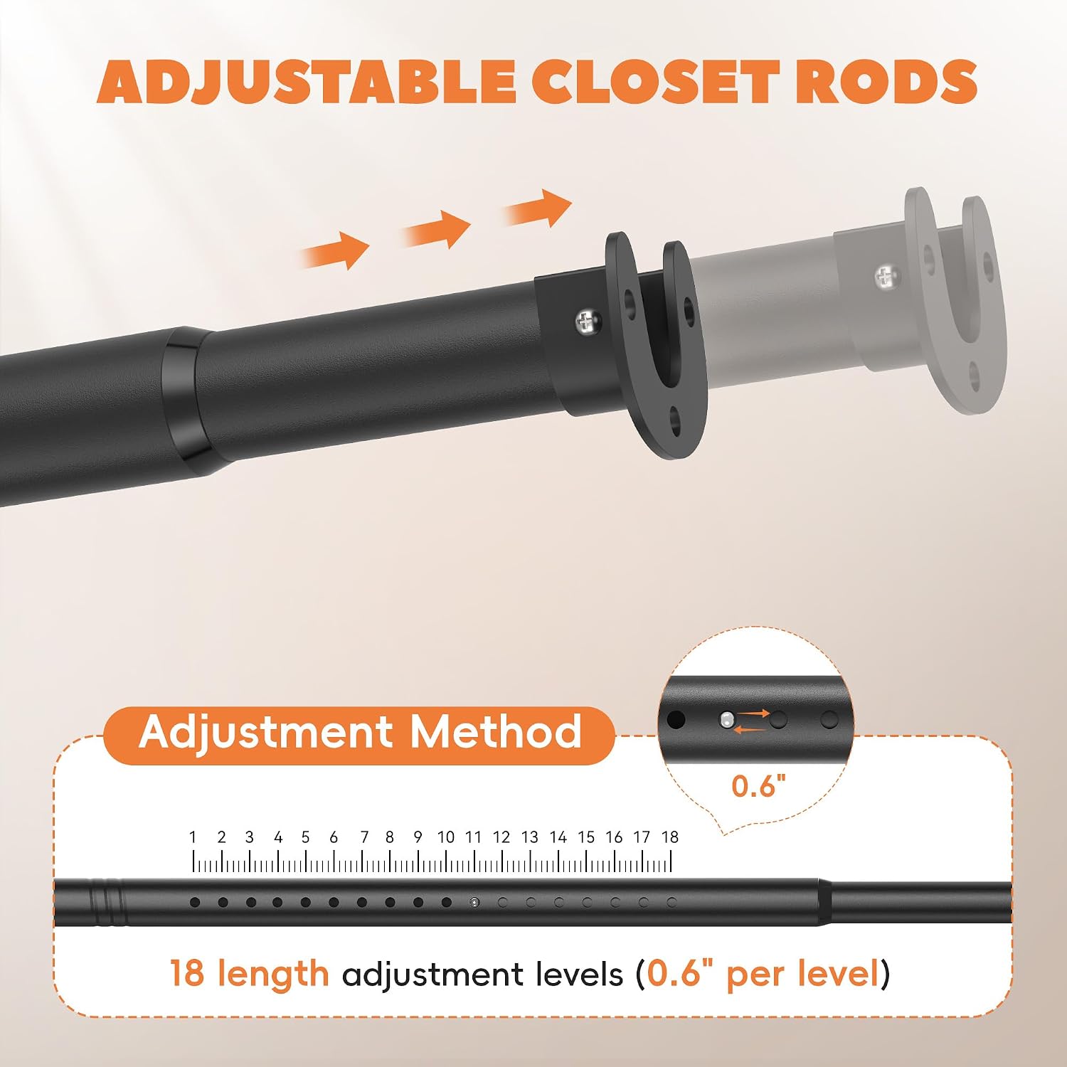 Aldernest Metal Closet Rod 1.3" Heavy Duty Adjustable Hanging Rod 17-87 Inch, 2.6 pounds, Matte Black