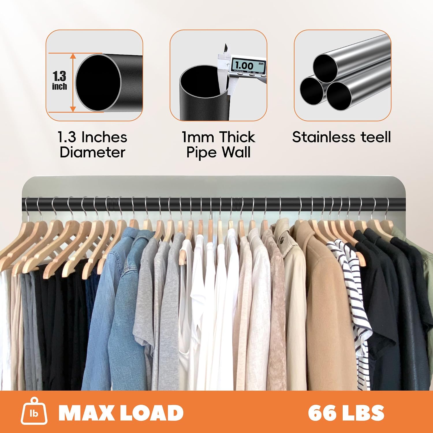 Aldernest Metal Closet Rod 1.3" Heavy Duty Adjustable Hanging Rod 17-87 Inch, 2.6 pounds, Matte Black