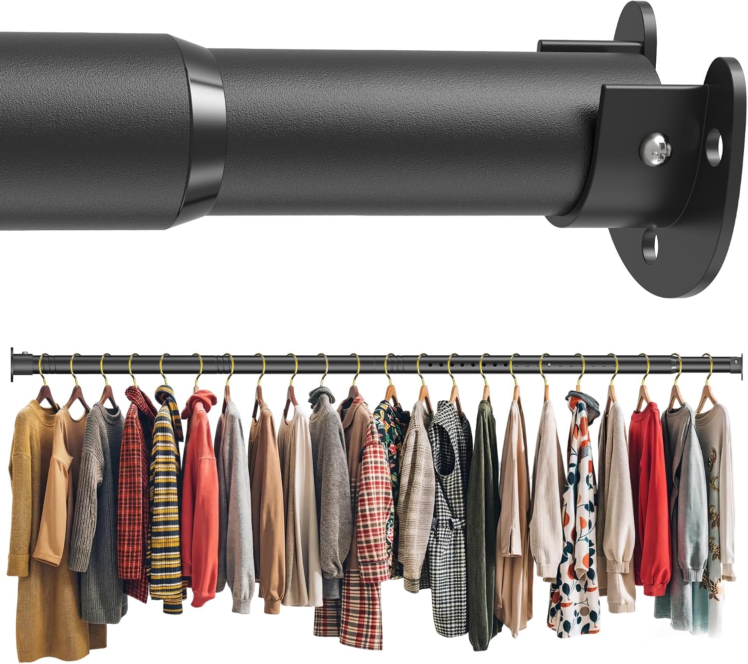 Aldernest Metal Closet Rod 1.3" Heavy Duty Adjustable Hanging Rod 17-87 Inch, 2.6 pounds, Matte Black