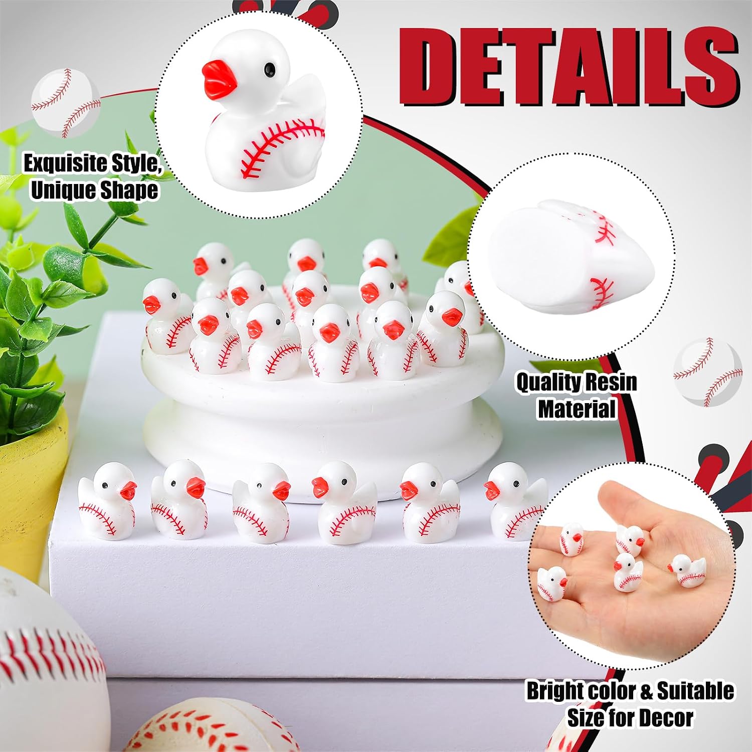 Aldernest 100 Pcs Mini Resin Baseball Ducks Figurines Miniature Sport Duck Statues Mini Resin Figurine for Birthday Party Gifts Micro Garden Landscape