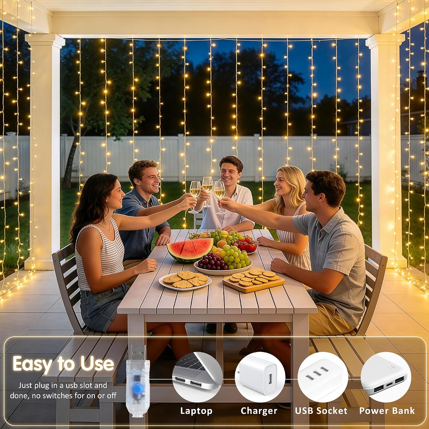 NestoraHome USB Plug in Curtain Lights 200 LED with 8 Modes, 6.5ftx6.5ft, *Warm White