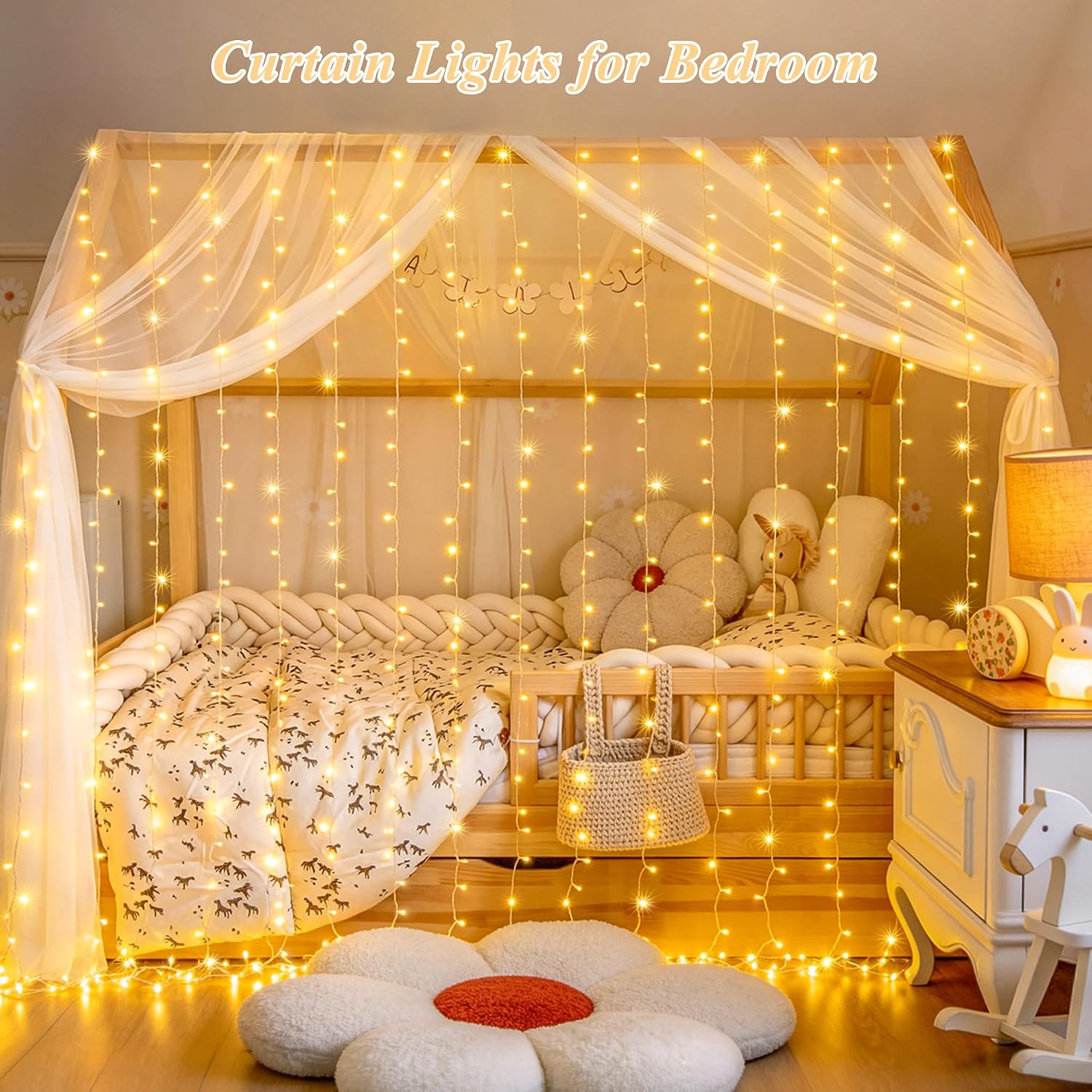 NestoraHome USB Plug in Curtain Lights 200 LED with 8 Modes, 6.5ftx6.5ft, *Warm White