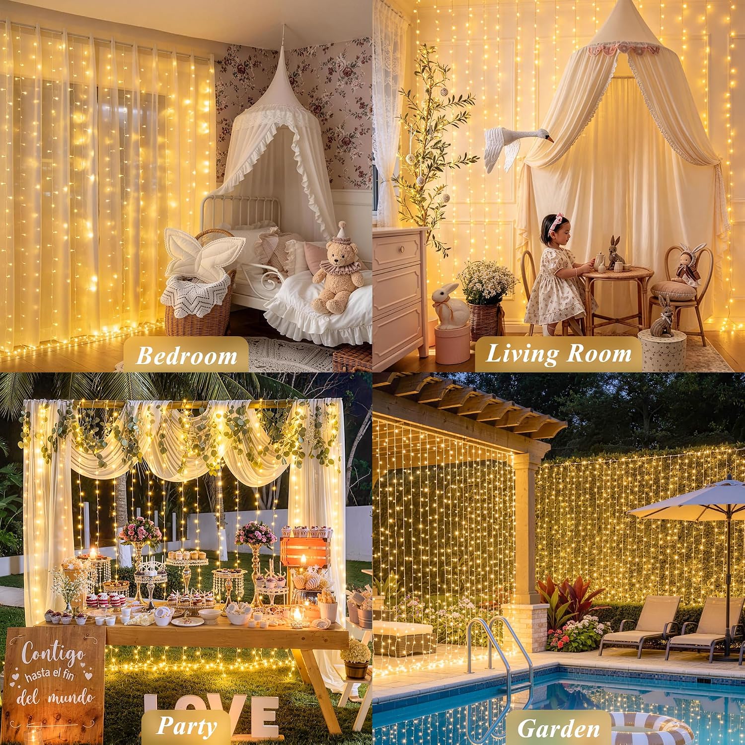 NestoraHome USB Plug in Curtain Lights 200 LED with 8 Modes, 6.5ftx6.5ft, *Warm White