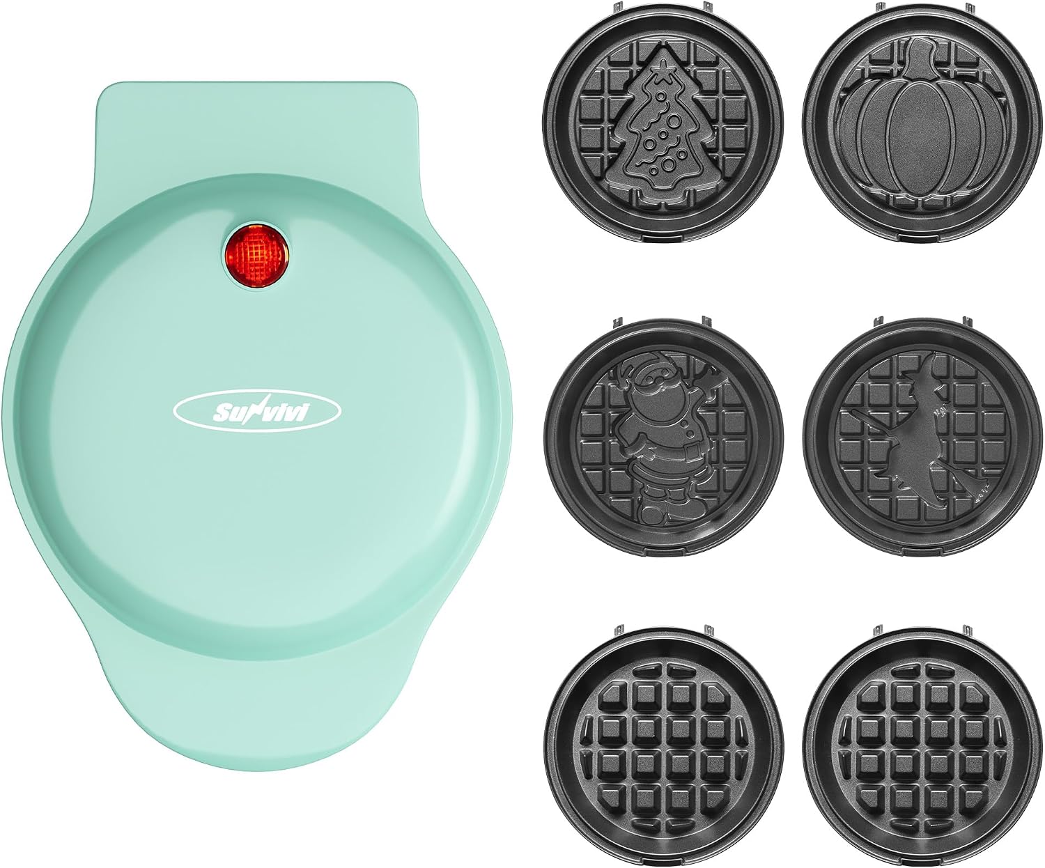 Ashenby 4" Kids Mini Waffle Maker - Waffle Iron with 6PCS Removable Plates, 2.1 pounds, Light Blue