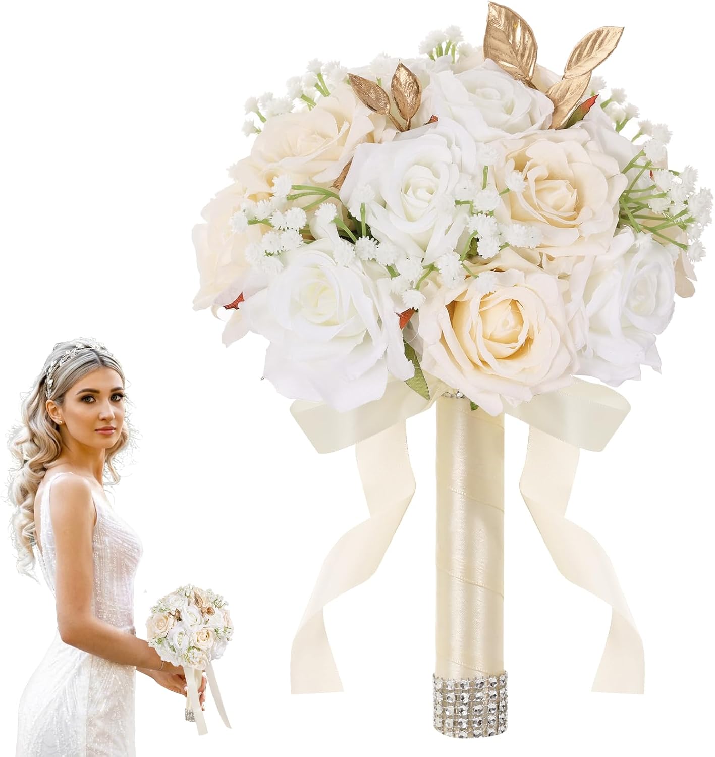 VelloHome Wedding Bouquets for Bride - Realistic Silk Flowers Artificial Roses, 0.15 kg, White & Champagne, 16 Count