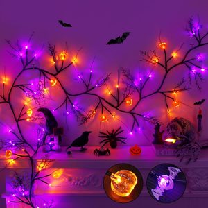 Rowanmere 9FT 72 LED Halloween Garland with Lights Lighted Black Willow Vine Decorations with 12 Pumpkin & 12 Bat Light