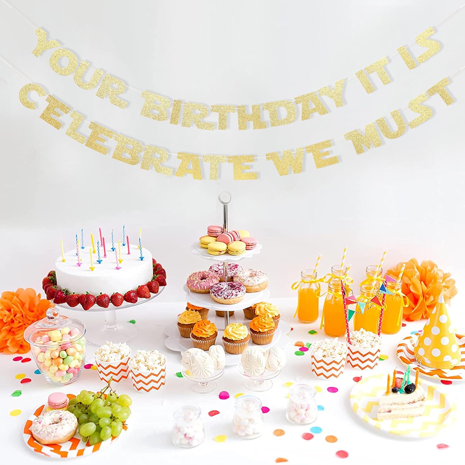 Barleyfield Your Birthday It Is Celebrate We Must Banner - Gold Glitter Birthday Party Decorations, Baby Banner, Baby Cake Smash Photo Props