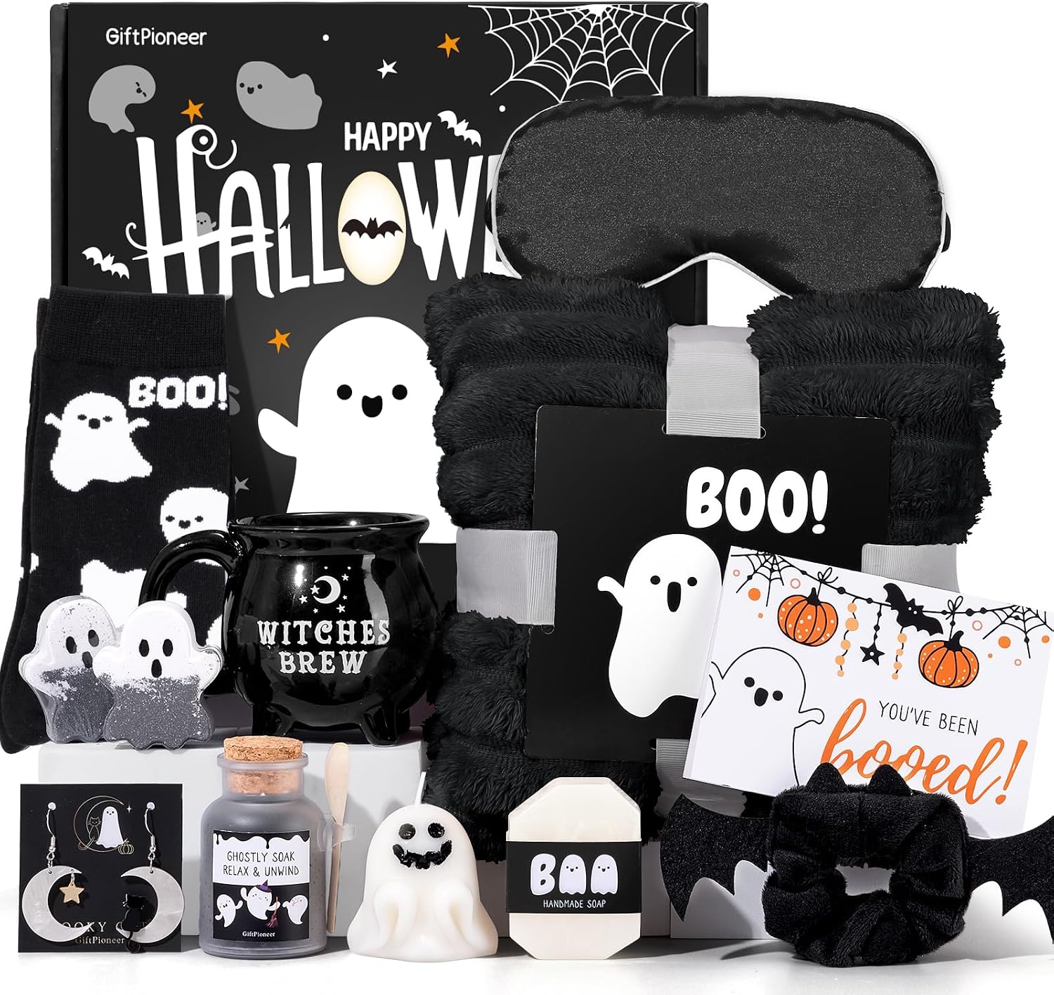 Aldernest Boo Basket Gift for Women, 11Pcs Halloween Boo Basket Stuffers with Witch Brew Mug & Boo Throw Blanket, 3.77 pounds