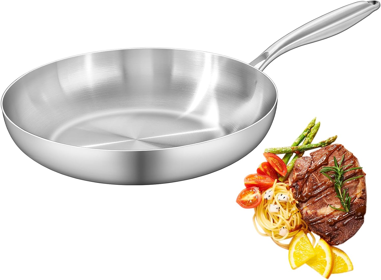 Aldernest 12 Inch Tri-Ply Stainless Steel Frying Pan, Skillet, pan, 2.8 pounds, Silver