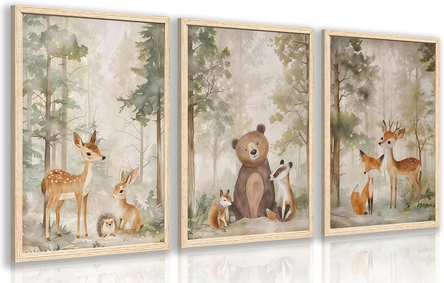 Aldernest Woodland Animals Wall Art Set of 3, Baby Boy Wild Forest Animals Wall Decor, 2 pounds, 16"L x 12"W, Beige(Wood)