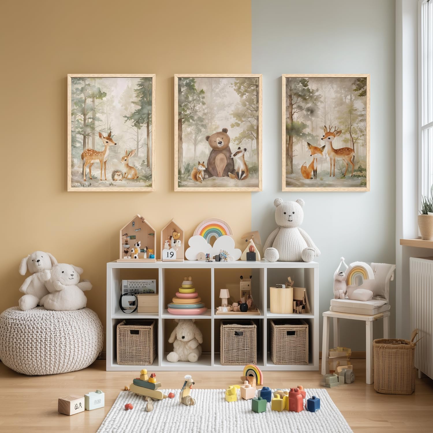 Aldernest Woodland Animals Wall Art Set of 3, Baby Boy Wild Forest Animals Wall Decor, 2 pounds, 16"L x 12"W, Beige(Wood)
