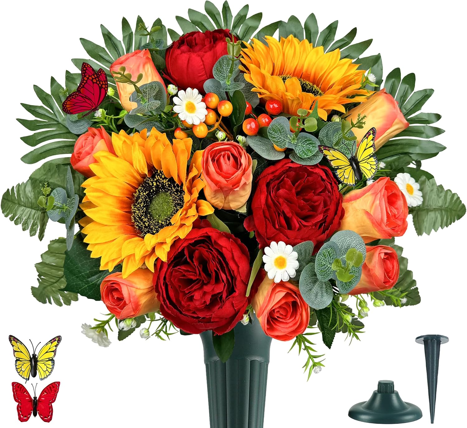 Aldernest Artificial Cemetery Flowers for Outdoor Grave Decorations, 9.6 ounces, Orange