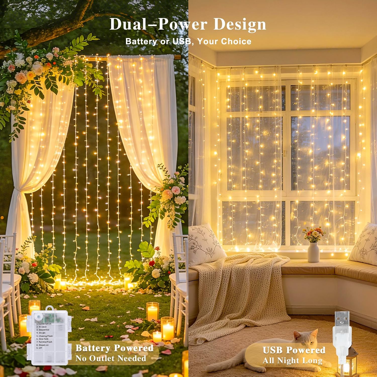 NestoraHome 200 LED Curtain Lights Battery Operated & USB Plug in, Warm White, 0.35 kg