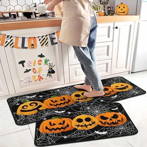 Aldernest Halloween Pumpkin Spider Web Bat Decoration Kitchen Rugs and Mats Set of 2, 1.8 pounds, 17"x47"+17"x30"