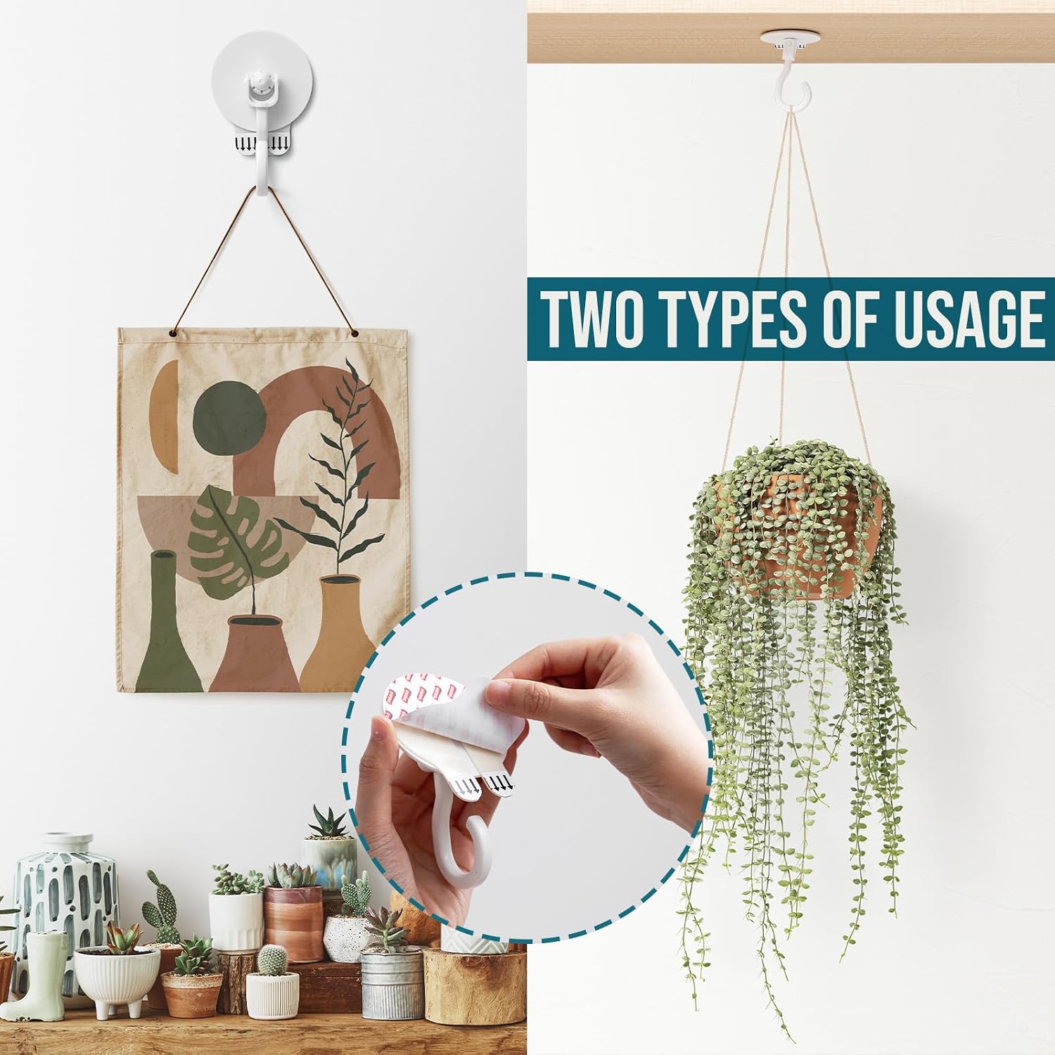 Tanglewick Adhesive Ceiling Hooks for Hanging Plants, No-Drill 6 Pack White, 0.14 kg
