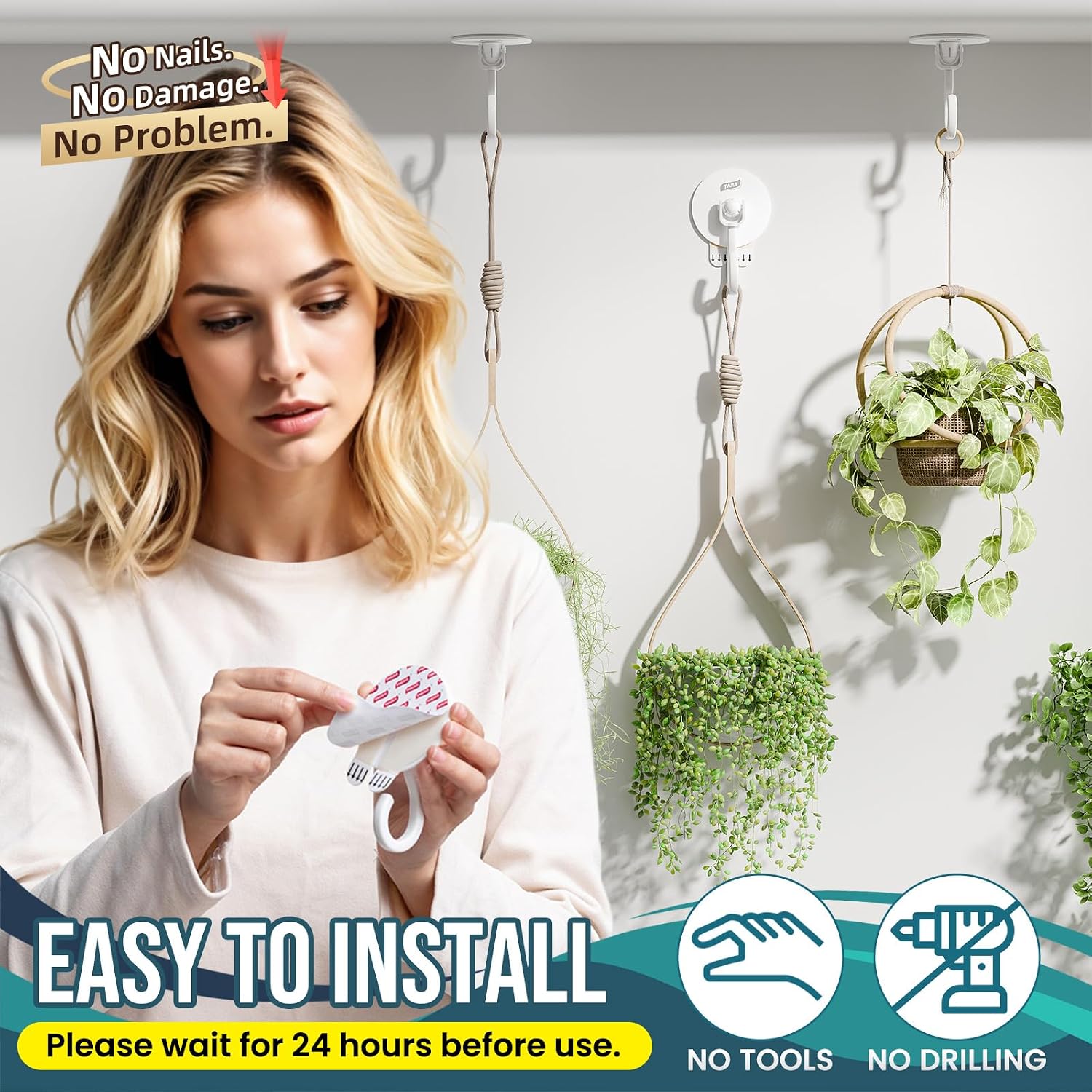 Tanglewick Adhesive Ceiling Hooks for Hanging Plants, No-Drill 6 Pack White, 0.14 kg