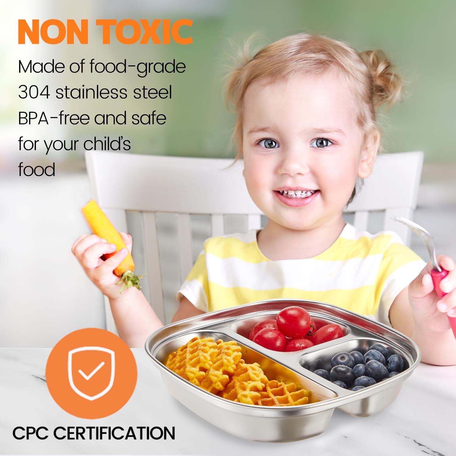 Aldernest Stainless Steel Kids Plates - 5 Pack Toddler Plates with Lids - Non Toxic & Divided, Small