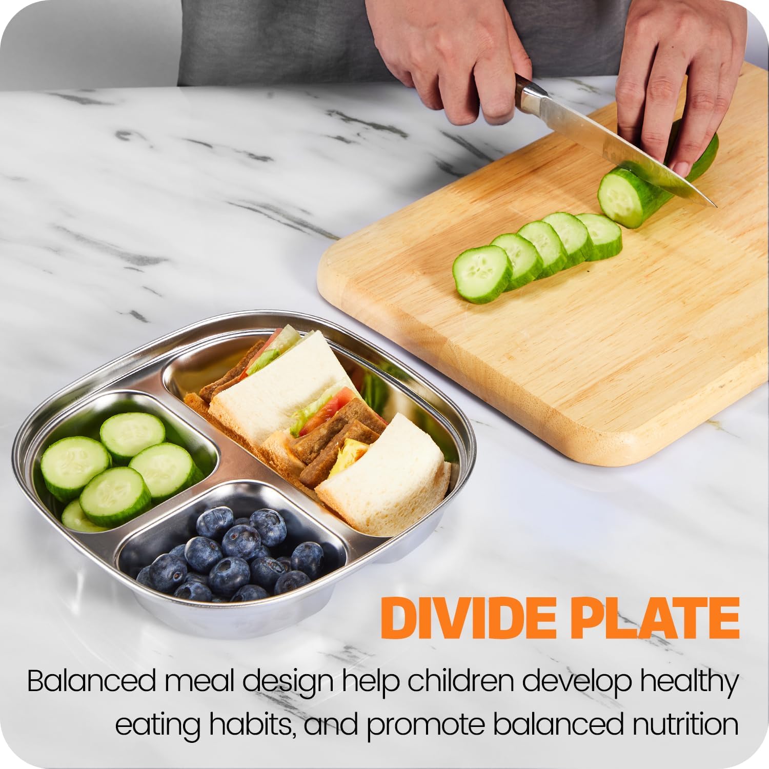 Aldernest Stainless Steel Kids Plates - 5 Pack Toddler Plates with Lids - Non Toxic & Divided, Small