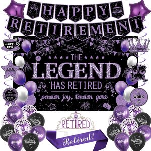 Aldernest Purple Retirement Party Decorations Women, Happy Retirement Banner, Black Purple