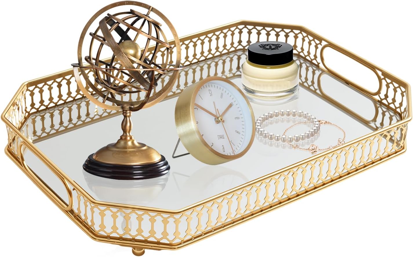 Aldernest Vintage Gold Mirrored Vanity Mirror Tray Decorative Perfume and Makeup Organizer with Handles for Dresser,Bathroom or Jewelry Display