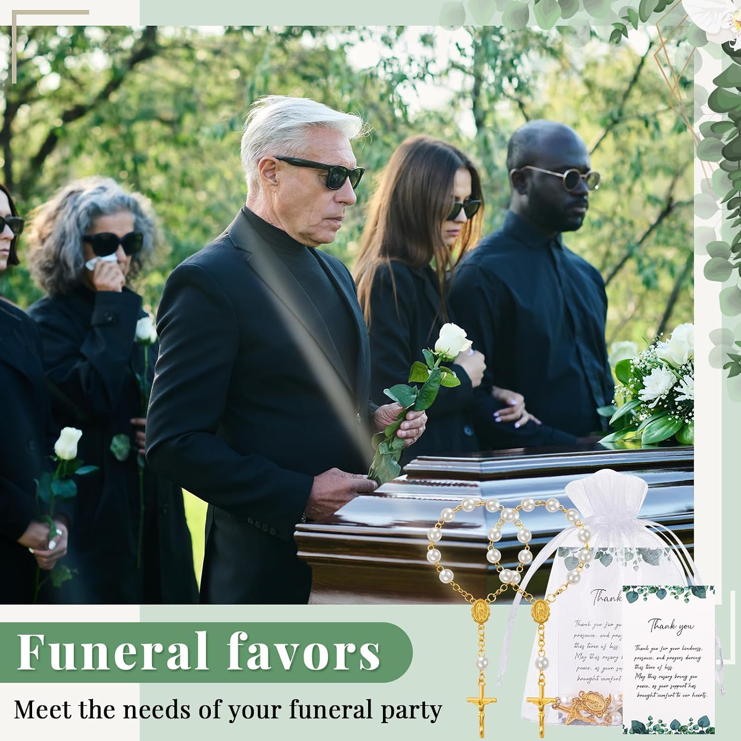 Ashenby 50 Sets Funeral Favor for Guests with Rosary Beads & Memorial Cards, 14.88 ounces, Thank You, Gold
