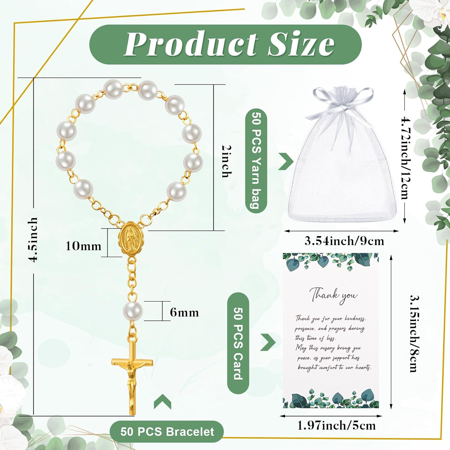 Ashenby 50 Sets Funeral Favor for Guests with Rosary Beads & Memorial Cards, 14.88 ounces, Thank You, Gold