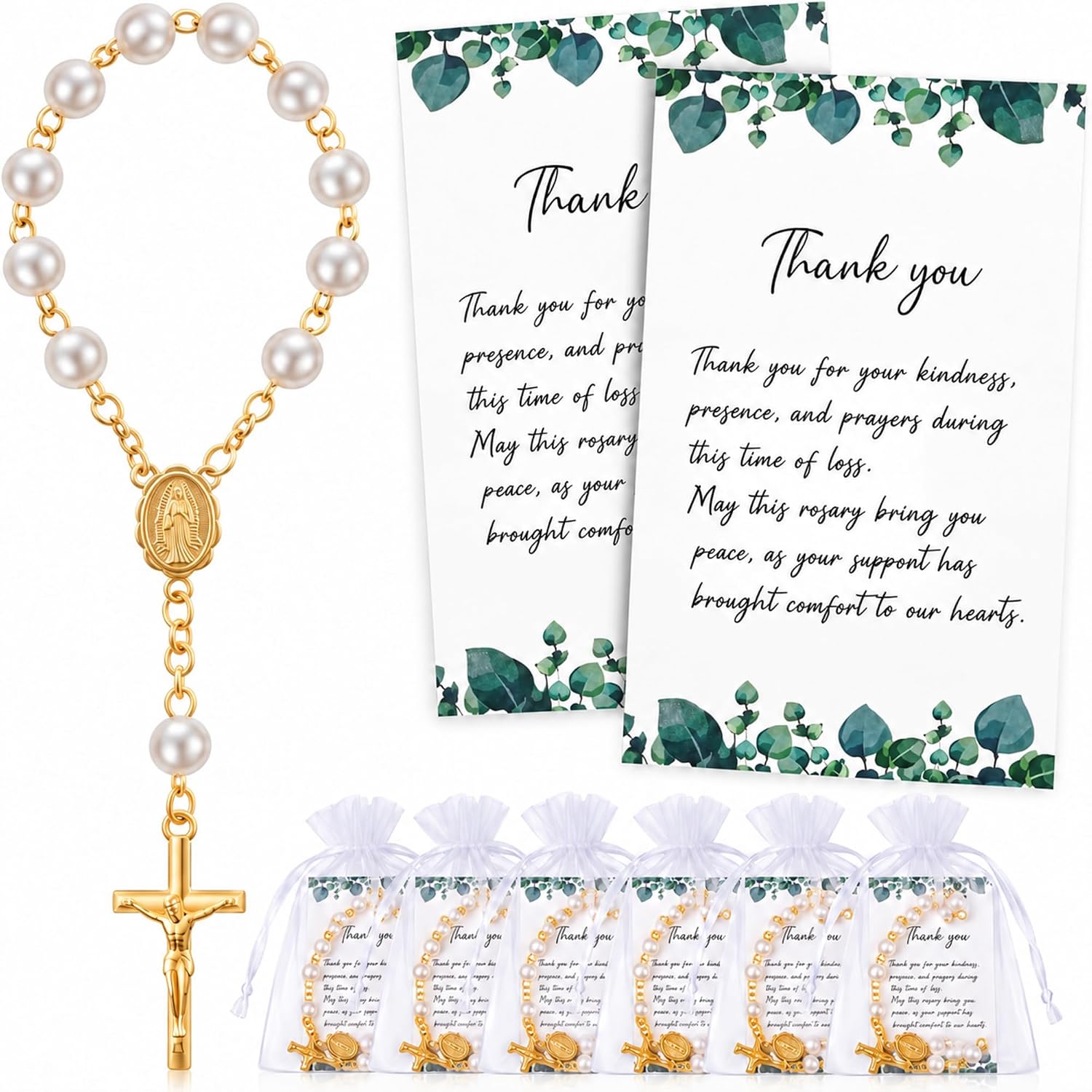 Ashenby 50 Sets Funeral Favor for Guests with Rosary Beads & Memorial Cards, 14.88 ounces, Thank You, Gold