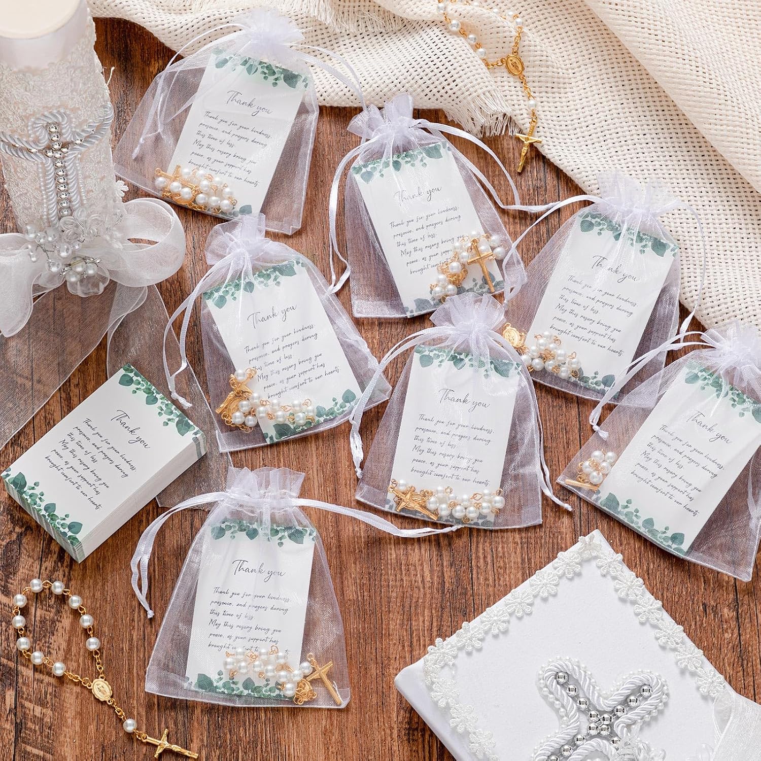 Ashenby 50 Sets Funeral Favor for Guests with Rosary Beads & Memorial Cards, 14.88 ounces, Thank You, Gold
