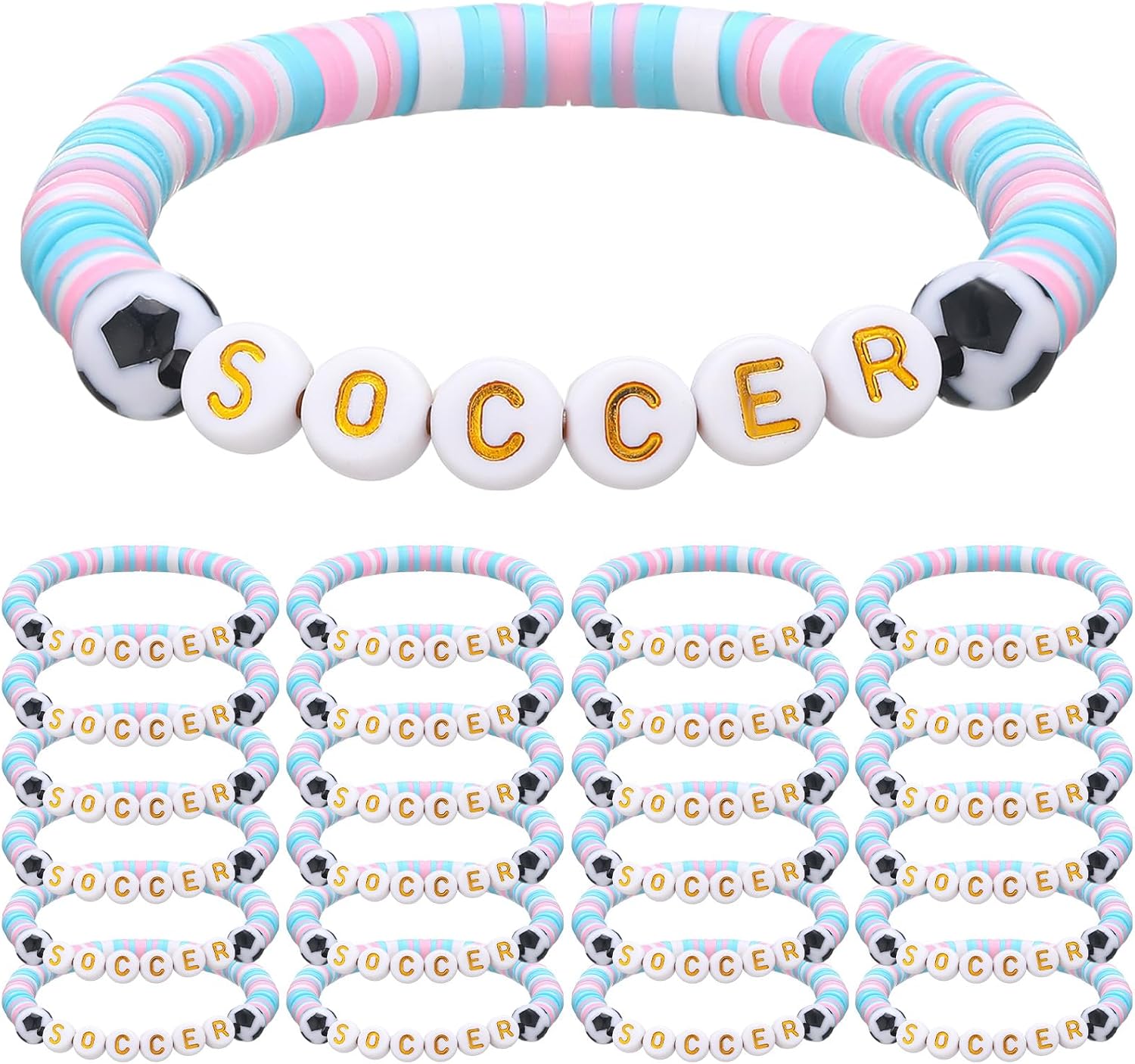Aldernest 24 Pcs Soccer Party Favors Bulk Clay Beaded Bracelets, 5.44 ounces, 7 inches/ 17.5 cm, Gradient Pink