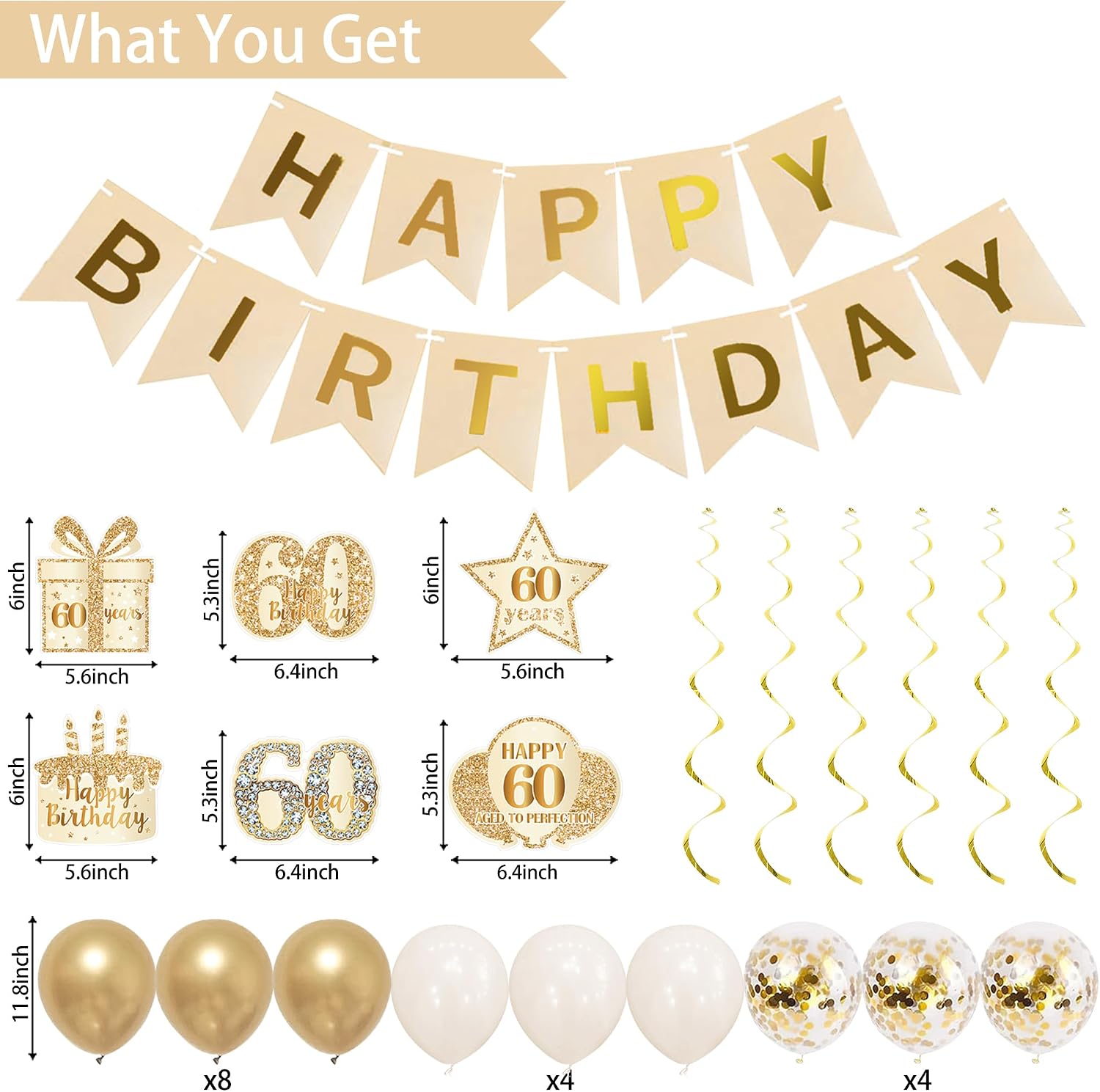 Aldernest 60th Birthday Decorations for Women, Gold