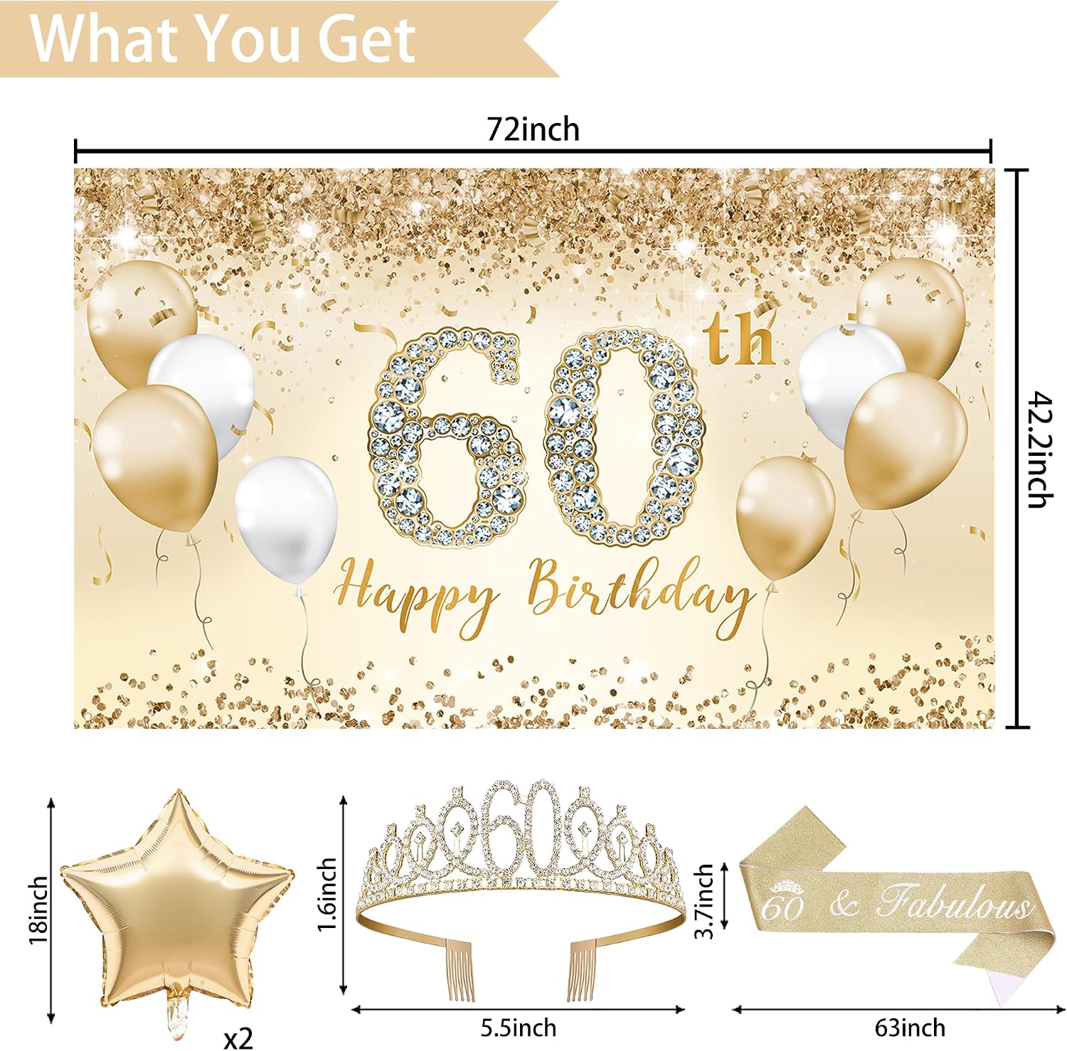 Aldernest 60th Birthday Decorations for Women, Gold