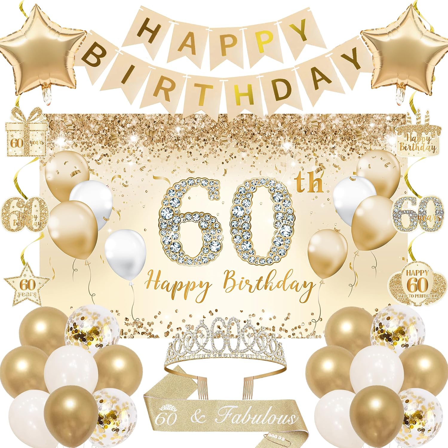 Aldernest 60th Birthday Decorations for Women, Gold