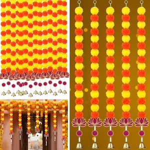 Birchmont 5 Pcs 50 Inch Diwali Artificial Marigold Garland with Wooden Lotus Hanging for Decoration Indian Pooja Decor Lotus Flower Decor Indian Pooja
