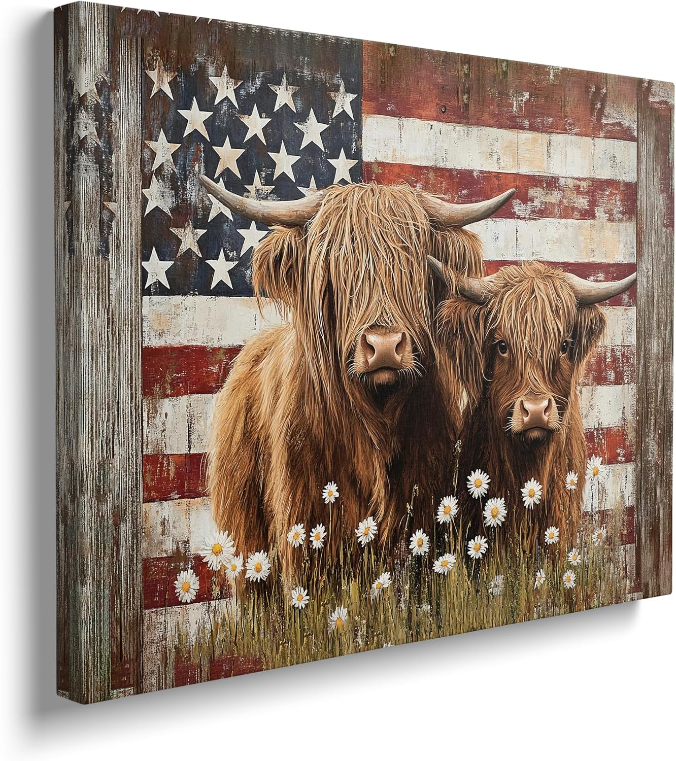 Aldernest Highland Cow Canvas Wall Art Animal Print Painting Framed ArtWork 12"x16", 6.4 ounces, Highland Cow-Flag