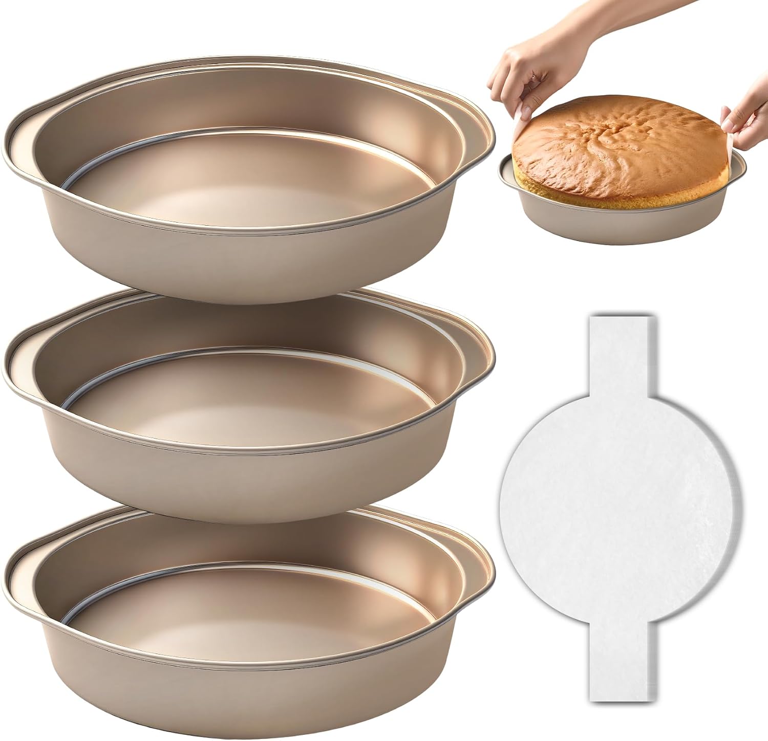 Ashenby 8" Round Cake Pans with 50PCS Parchment Papers, Carbon Steel, Gold, 0.74 kg, 3 Count