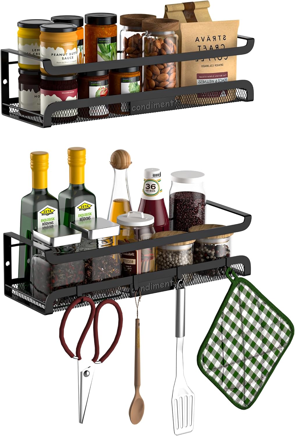 Barleyfield Spice Rack Wall Mount with Hooks - Spice Racks Organizer for Cabinet Storage, 0.74 kg, Black, 2