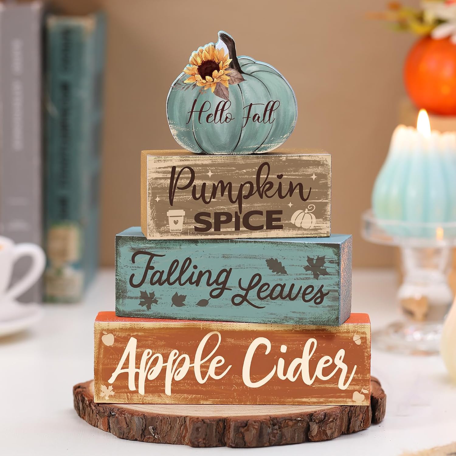 Aldernest 4 Pcs Fall Teal Decor for Home Fall Pumpkin Wooden Sign with Sunflower, Small, blue