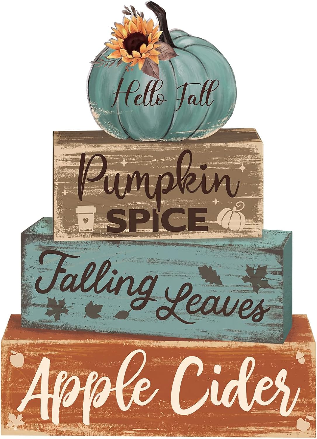 Aldernest 4 Pcs Fall Teal Decor for Home Fall Pumpkin Wooden Sign with Sunflower, Small, blue