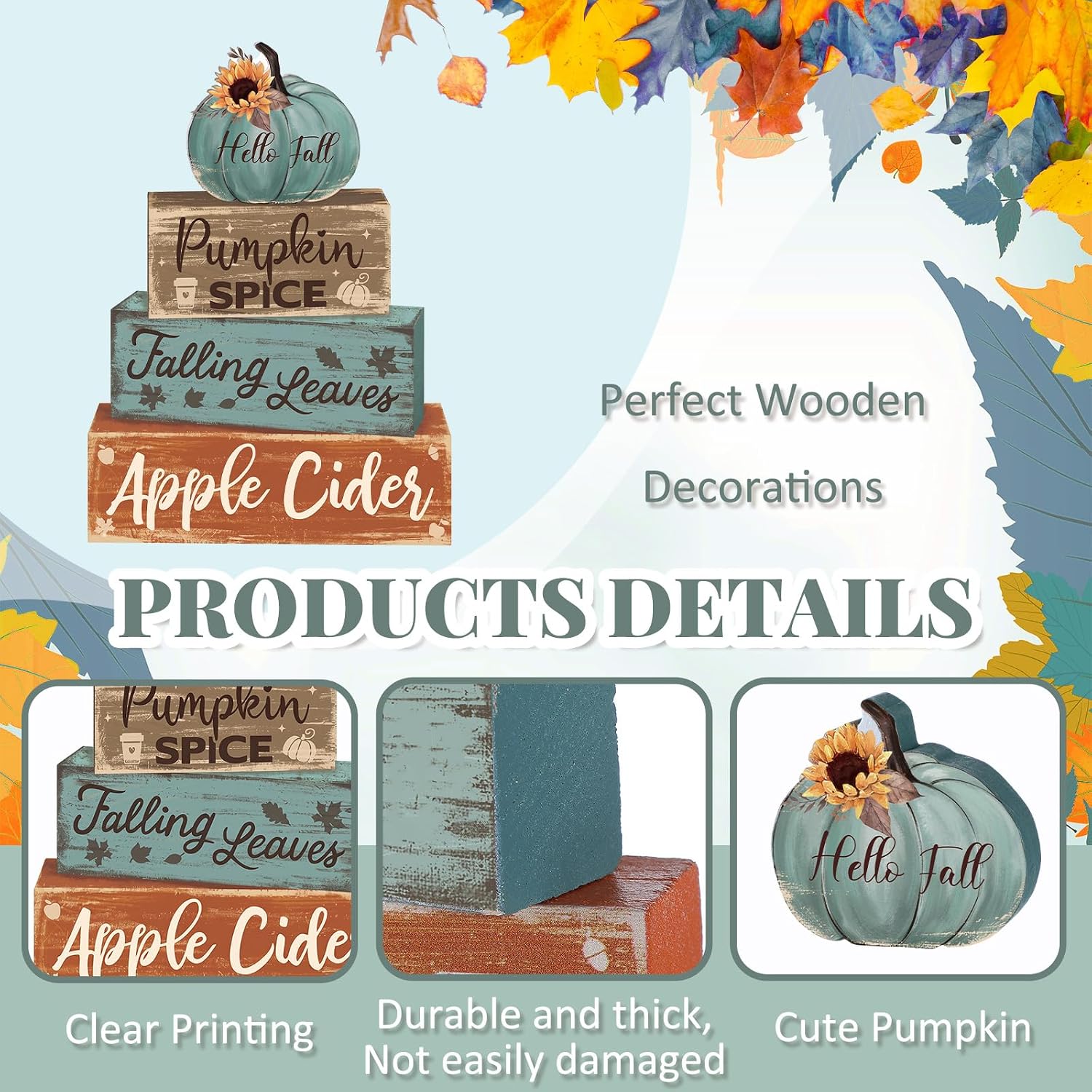 Aldernest 4 Pcs Fall Teal Decor for Home Fall Pumpkin Wooden Sign with Sunflower, Small, blue
