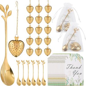 Birchmont 50 Sets Bridal Shower Tea Party Favor for Heart Shape Infuser Ball for Loose Guest Leaf Tea Spoon with Thank You Card Organza Bag Wedding